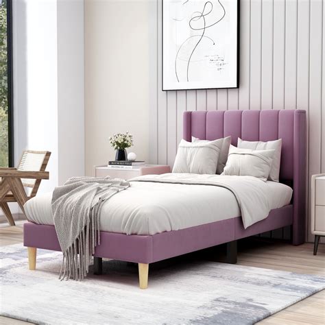 AUFANK Twin Bed Frame Upholstered Platform with Wooden Slats, Noise ...