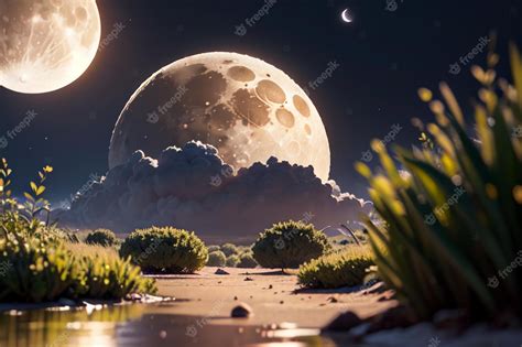 Premium Photo | A digital painting of a landscape with a moon and the moon