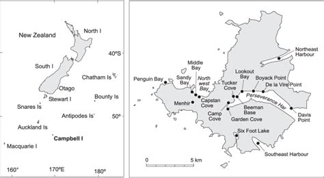 Location of Campbell Island in the New Zealand subantarctic, and sites ...