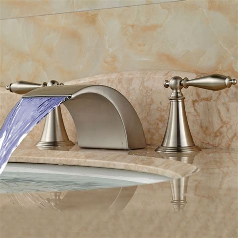 LED Widespread Brushed Nickel Waterfall Bathroom Tub Faucet Basin Sink ...