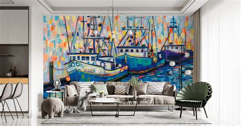 Boats in Harbor wallpaper mural 100% PVC-free and non-toxic