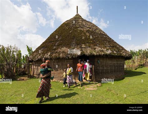 People in front of a Gurage traditional house with thatched roof ...