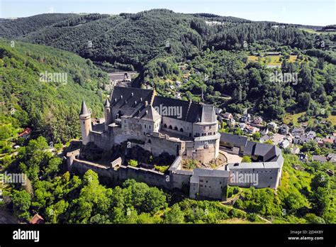 Aerial view of Vianden castle, canton of Vianden, Grand Duchy of ...