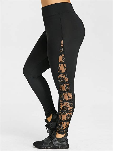 Women's High Waist Elastic leggings w/ Lace Floral Side Design | Plus ...