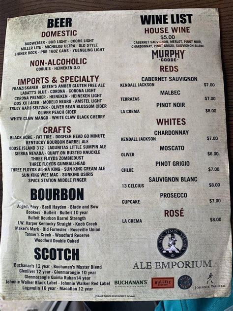 Menu at Ale Emporium pub & bar, Greenwood, 997 E County Line Rd B