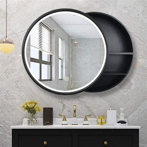 L&ED Illuminated Bathroom Mirror Cabinet, Solid Wood Led Storage Mirror ...