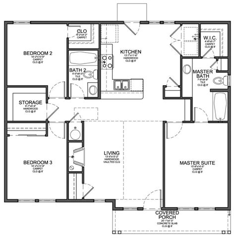 Floor Plan for Small 1,200 sf House with 3 Bedrooms and 2 Bathrooms ...