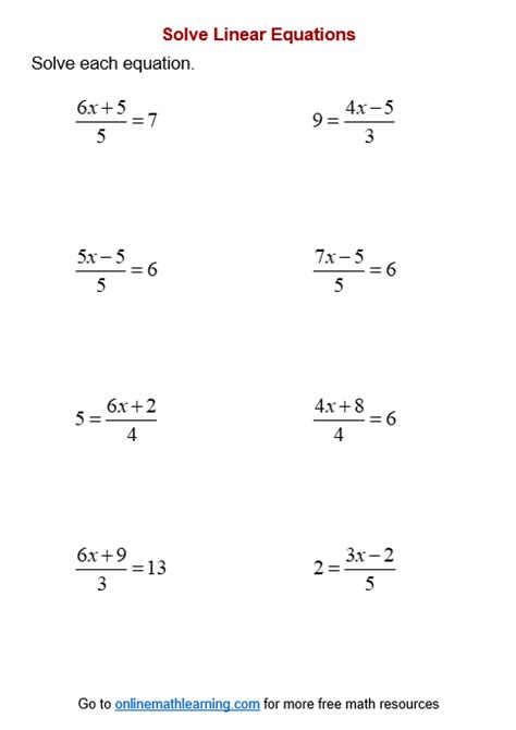 Linear Equations With Fractions Worksheet - Worksheets Printable Free