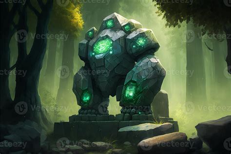 Giant stone golem in the middle in the forest, green fog. 22395281 ...