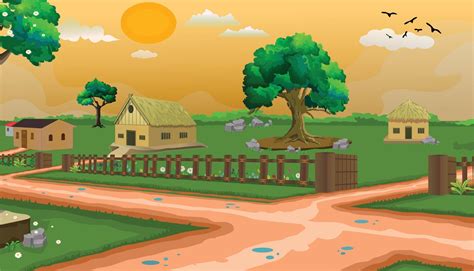 Village cartoon background illustration morning background with sun ...