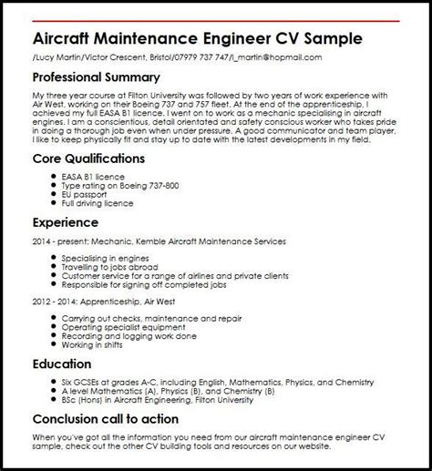 Aircraft Maintenance Engineer CV Sample - MyPerfectCV