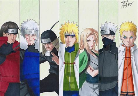 All Hokages (from right to left) Hashirama, Tobirama, Sarutobi, Minato ...