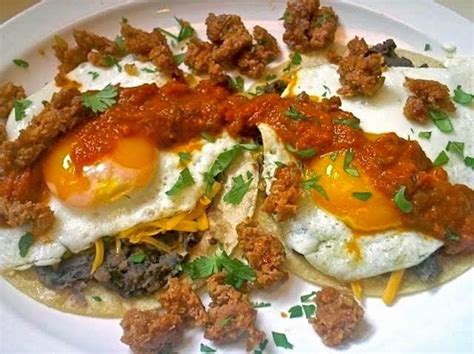 The Briny Lemon: Huevos Rancheros with Chorizo and Refried Black Beans