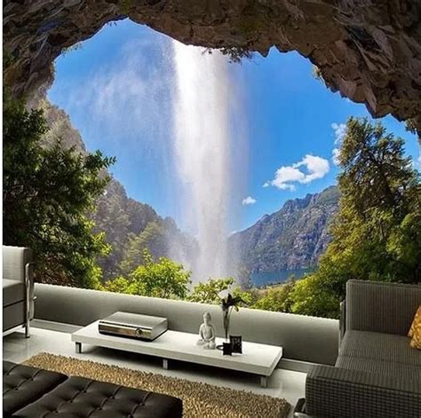 Amazing 3D Wall Mural Design Ideas Living Room | Waterfall wallpaper ...