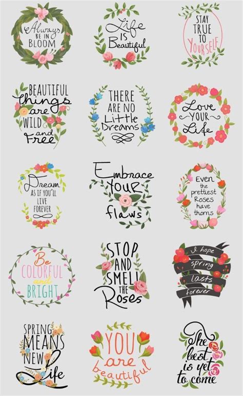 the floral quote stickers are shown in different colors and font styles ...