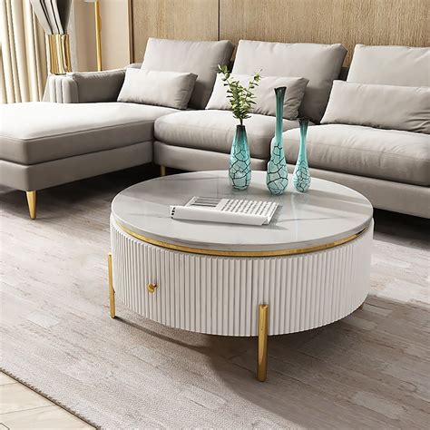 Modern Round Coffee Table with Storage Faux Marble Accent Table ...