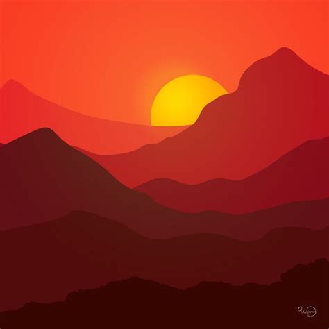 Sunset mountains landscape - Watamata - Drawings & Illustration ...