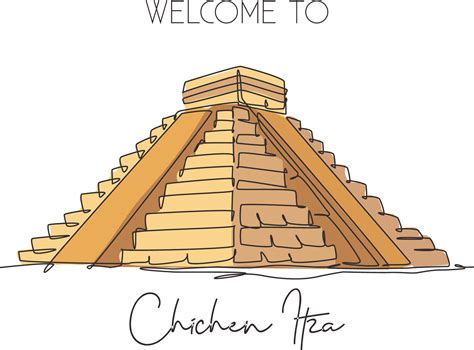 One continuous line drawing Chichen Itza Mayan Pyramid landmark. World ...