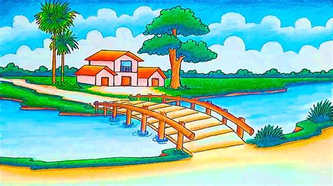 How to Draw a Village Scenery of Beautiful Village nature Indian ...