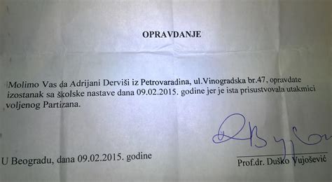 BILA JE NA ČASOVIMA LJUBAVI: Vujošević potpisao opravdanje za školu ...