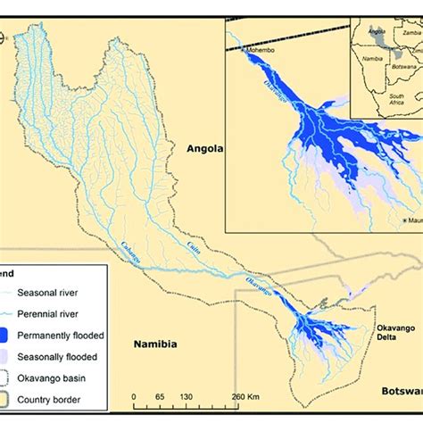 Map of the Okavango River basin in southern Africa, with the three ...