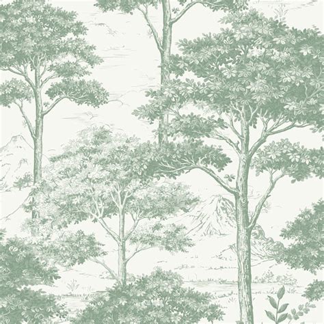 Grandeco Etched Tree Toile Textured Wallpaper, Sage Green