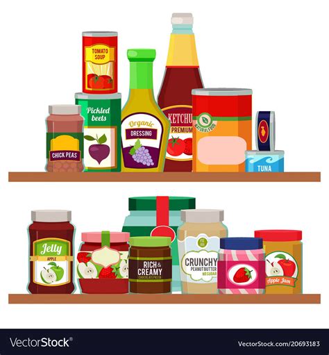 Supermarket foods grocery items on shelves Vector Image