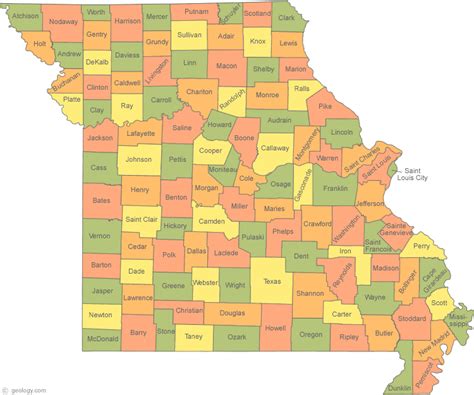 Map of Missouri with Counties and Topographic Features