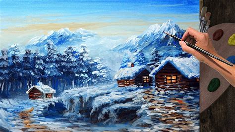 Painting a Snowy Winter Landscape with Village in step by step Acrylic ...