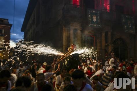 Photo: The fire bull emits sparks at the San Fermin Festival 2023 ...