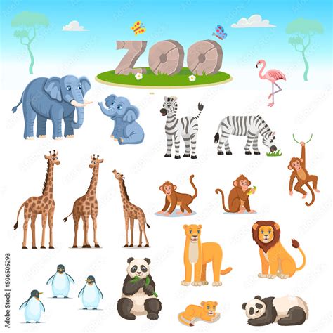 Zoo set with animals. Cartoon vector illustration. Pandas, giraffes ...