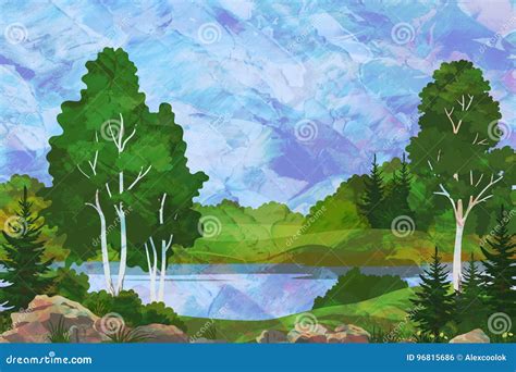 Landscape with Trees and Lake Stock Illustration - Illustration of ...