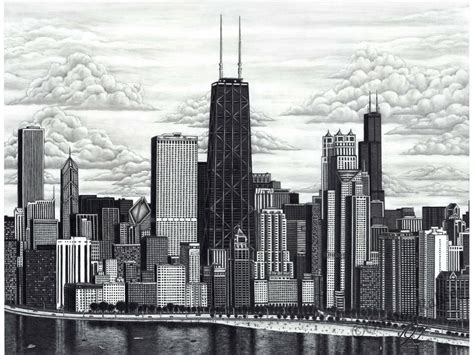 Drawing - Chicago Skyline, Landscape, and waterfront. | Skyline drawing ...