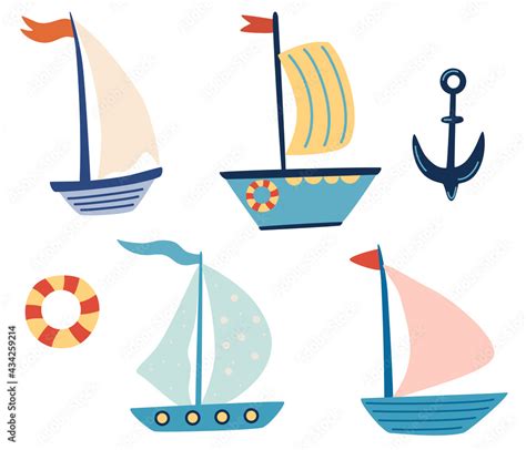 Cute ships, sailboat, yachts set. Boat drawing set. Small ships in cute ...