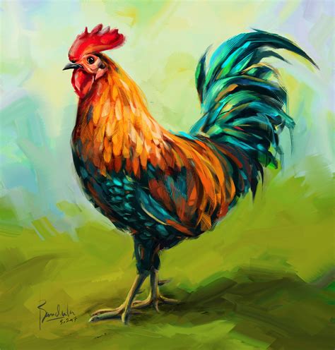 a painting of a rooster standing in the grass