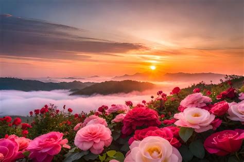 Premium Photo | A sunset with a field of roses in the foreground and a ...