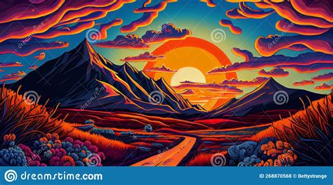 Colorful Psychedelic Landscape Cartoon Style Wallpaper. 70s Hippie ...