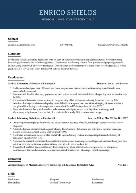 Medical Laboratory Technician Resume (CV) Example and Writing Guide