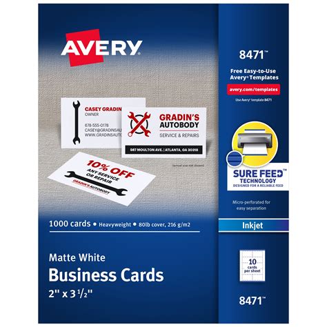 Avery 2" x 3.5" Business Cards, Sure Feed Technology, Inkjet, 1,000 ...