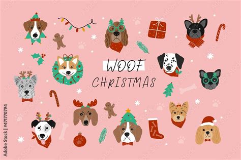 Cute cartoon Christmas dogs - vector prin in flat style. Holidays pet ...