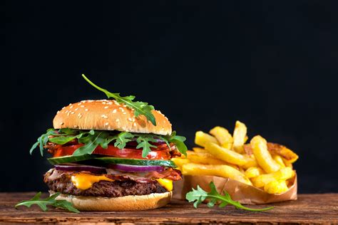 black background #sandwich #hamburger #bokeh fast food French fries #4K ...