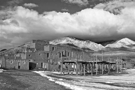 Great House and Taos Mountains in Winter, Taos Pueblo, New Mexic ...