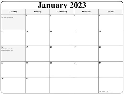 January 2023 Monday Calendar | Monday to Sunday