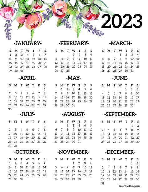 Calendar 2023 Printable One Page - Paper Trail Design