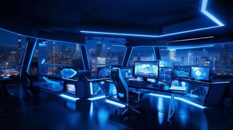 Premium Photo | Futuristic office illuminated by blue lighting ...