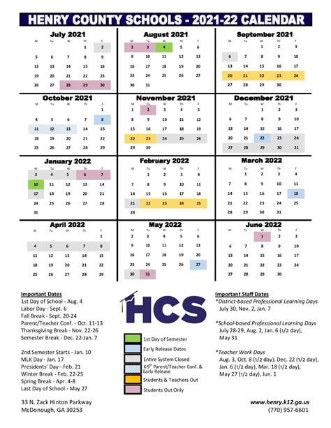 Henry County Schools Calendar 2021-2022 in PDF