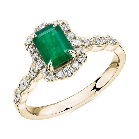 Emerald Cut Emerald Ring with Diamond Halo in 14k Yellow Gold | Blue ...