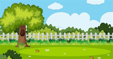 Premium Vector | Background scene with tree and white fence in garden