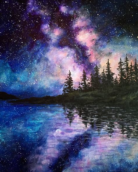 Midnight Lake | Lake painting, Sky painting, Night sky painting