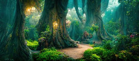 Fototapeta: A beautiful fairytale enchanted forest with big trees and ...